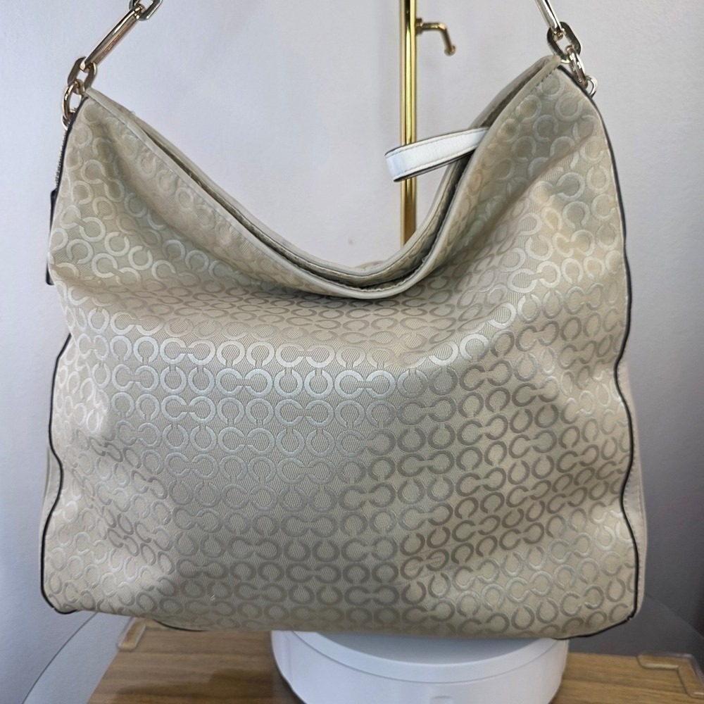 COACH Madison Op Art Pearl Signature Tan Khaki Canvas Hobo Shoulder Bag Purse - Picture 3 of 16